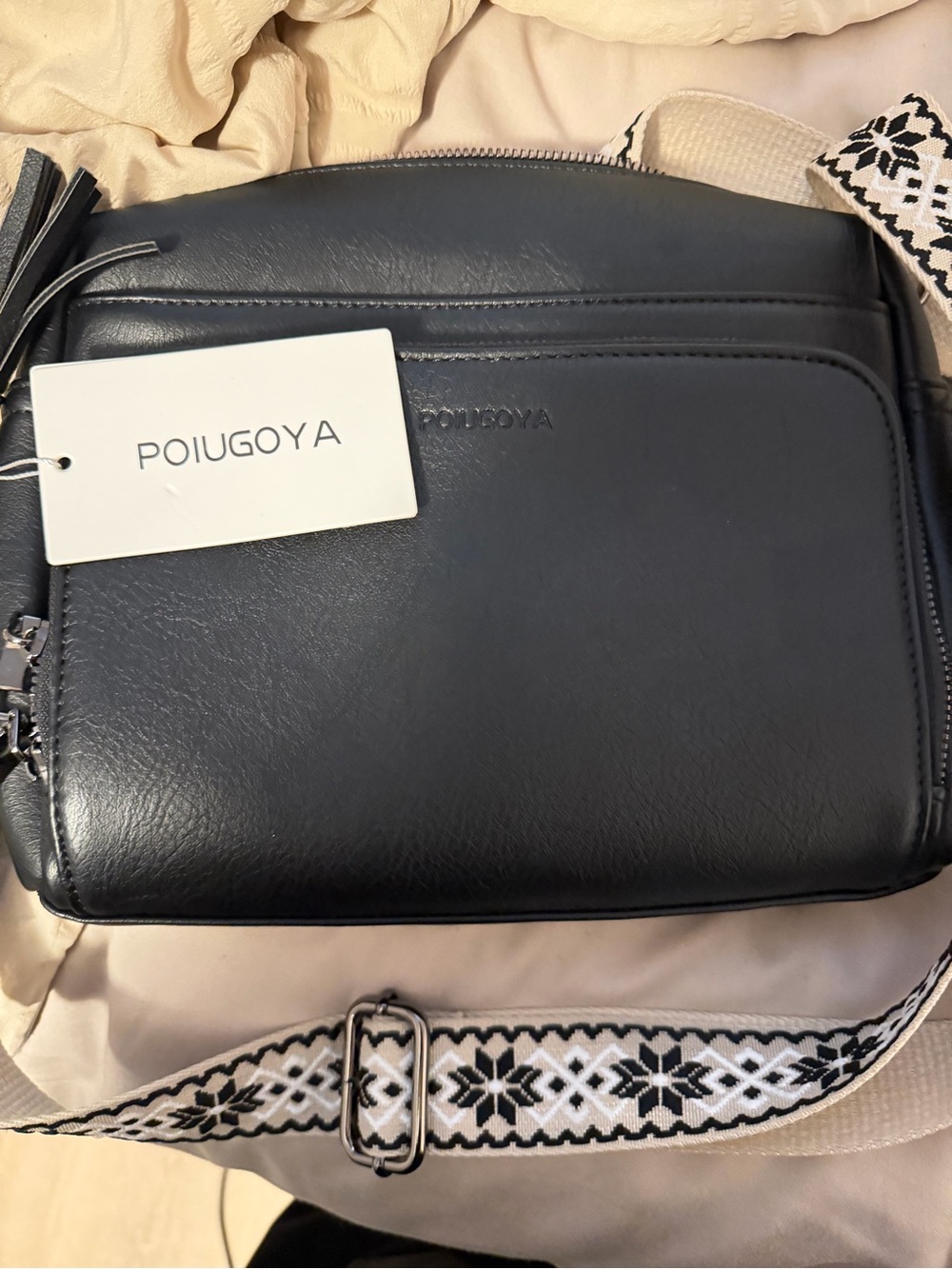 Poiugoya Black Crossbody Bag with Patterned Strap